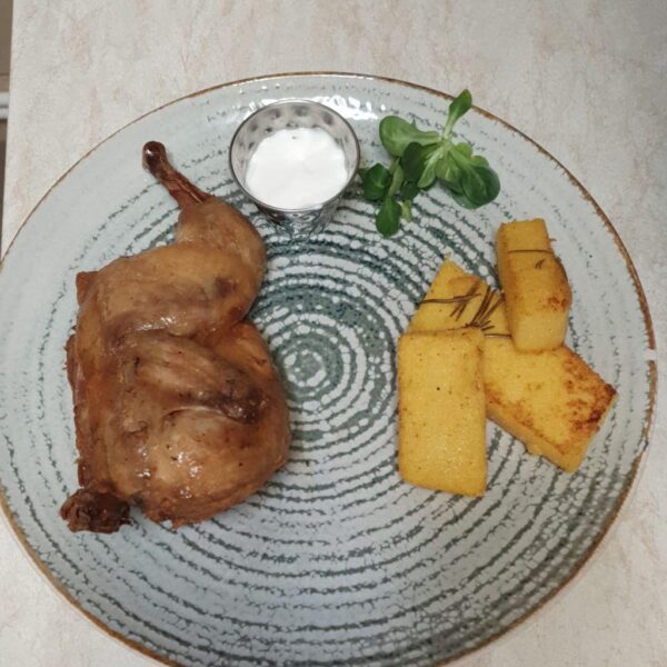 Pui la ceaun cu mamaliguta fripta si sos de usturoi/Chicken in a cauldron with fried polenta and garlic sauce Pui la ceaun cu mamaliguta fripta si sos de usturoi/Chicken in a cauldron with fried polenta and garlic sauce